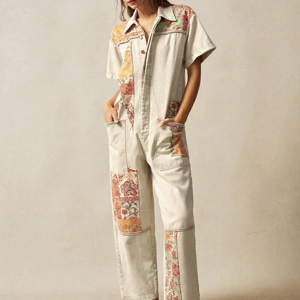 Khaki Casual Women's Boho Western Cowgirl Style Floral Patchwork Jumpsuit